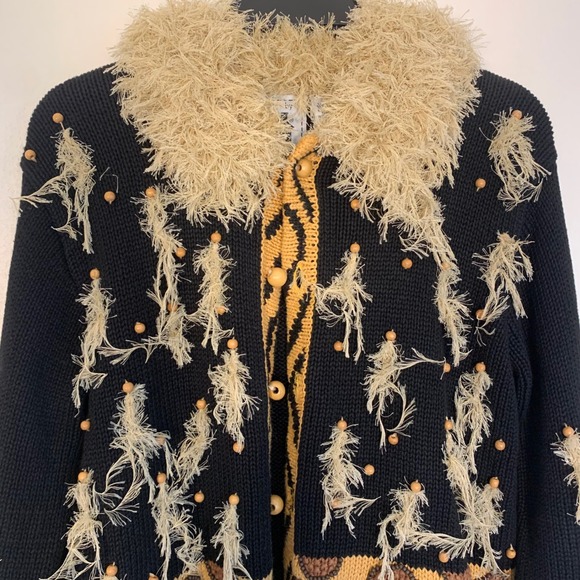 Storybook Knits Wildlife Expressions Tiger Print Faux Fur Trim Cardigan XS Black - Picture 9 of 15